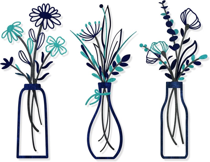 Pigort 3 Pieces Metal Flowers Wall Arts - Rustic Farmhouse Style Décor Metal Wall Art Black Minimalist Flower Natural Themed Wall Decors for Home Bedroom Dining Room Housewarming (Blue) - Image 1